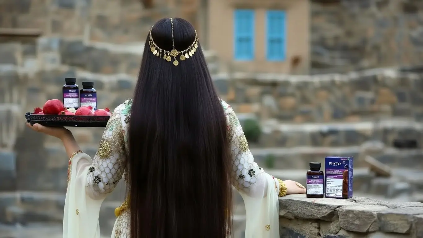 عکس هنری بانویی با موهای بلند و سالم و لباس کوردی زنان اورامانات و محصول ضد ریزش فیتو.