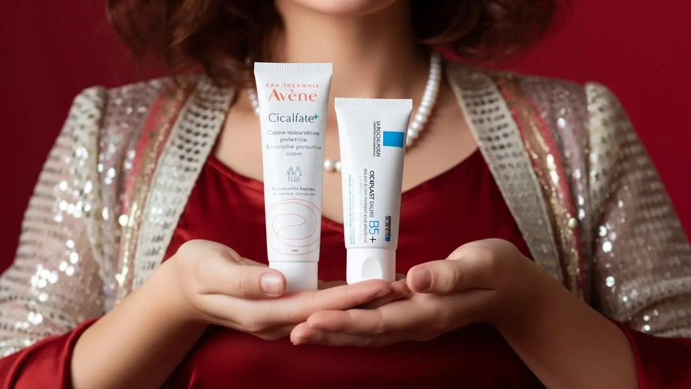 زن جوانی با لباس سنتی کوردی قرمز و طلایی، دو تیوب کرم ترمیم‌کننده پوست را در کف دستانش نمایش می‌دهد Avène Cicalfate در دست راست و La Roche-Posay Cicaplast B5 در دست چپ 